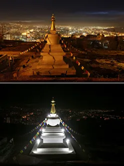 A combination photo shows the Stupa of Enlightenment at the Buddhist Centre before A combination photo shows the Stupa of Enlightenment at the Buddhist Centre before