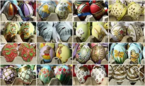 Images Dated 17th April 2014: A combination of photographs shows handmade Easter eggs at an Easter market in Vienna