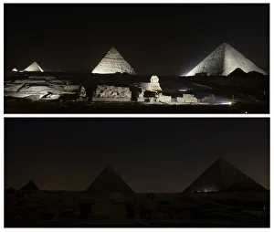 A combination of pictures shows the great Giza pyramids and the Sphinx before (top A combination of pictures shows the great Giza pyramids and the Sphinx before (top