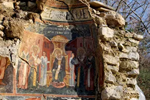A damaged fresco is pictured in The Orthodox Church of Saint Athanasios in Leshinca A damaged fresco is pictured in The Orthodox Church of Saint Athanasios in Leshinca