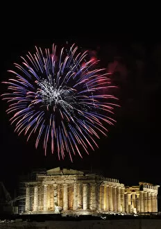 Ancient Greek Architecture Collection: Fireworks explode over the temple of the Parthenon during New Years day celebrations in