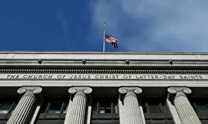 Images Dated 3rd January 2018: A flag flies at half mask outside the world headquarters of the Mormon Church for Thomas