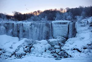 A group of birds fly past ice and water flowing over the American Falls A group of birds fly past ice and water flowing over the American Falls