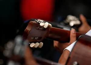 The headstock of a guitar is seen as folk music guitarists perform during the traditional The headstock of a guitar is seen as folk music guitarists perform during the traditional