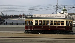 A historic tram rides during the parade to mark the 115th anniversary of Moscow tram A historic tram rides during the parade to mark the 115th anniversary of Moscow tram