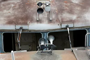 Horns of a train locomotive which is parked at a so-called 'train cemetery' are seen Horns of a train locomotive which is parked at a so-called 'train cemetery' are seen