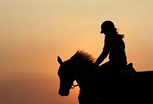A horsewoman is silhouetted as she trains her horse during a ride at sunset at a riding A horsewoman is silhouetted as she trains her horse during a ride at sunset at a riding