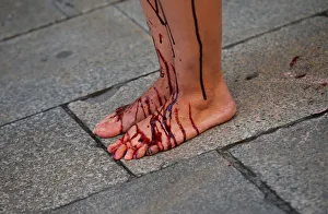 Legs of an Animal rights activist are covered with fake blood during a protest against Legs of an Animal rights activist are covered with fake blood during a protest against