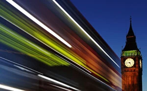 Images Dated 17th November 2011: Light trails shine from a passing bus in front of Big Ben and the Houses of Parliament