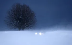 The lights of a car are seen through a gust of wind on a secondary road in Lussy near The lights of a car are seen through a gust of wind on a secondary road in Lussy near