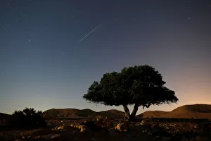 A long exposure shows a meteor streaking across the sky in the early morning during the A long exposure shows a meteor streaking across the sky in the early morning during the