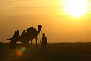 Images Dated 13th January 2009: A man with his camel cart is silhouetted at Jaisalmer