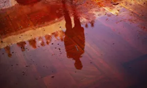 Man casts a reflection on the floor covered with red coloured water during Huranga Man casts a reflection on the floor covered with red coloured water during Huranga