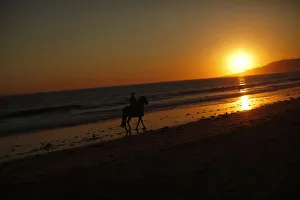A man rides his horse along the shore on Los Lances beach during sunset in Tarifa A man rides his horse along the shore on Los Lances beach during sunset in Tarifa