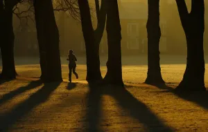 Prints of A woman runs through Victoria Park at sunrise in Leicester, central England, December 30, 2014. REUTERS/Darren Staples (BRITAIN - Tags: ENVIRONMENT SOCIETY TPX IMAGES OF THE DAY) Leicester Prints: Victoria Park sunrise print