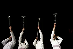 Orthodox Jewish men blow trumpets during a reenactment ceremony of the Passover sacrifice Orthodox Jewish men blow trumpets during a reenactment ceremony of the Passover sacrifice