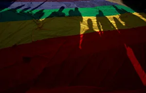 Juarez Gallery: Participants shadows are seen on a rainbow flag during a march in support of gay