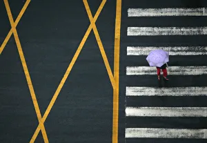 A pedestrian holding an umbrella walks across a main intersection on a rainy day in A pedestrian holding an umbrella walks across a main intersection on a rainy day in