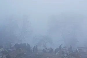 People sit around fire at a vegetable market along a road amidst heavy winter fog in New People sit around fire at a vegetable market along a road amidst heavy winter fog in New
