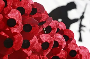 A poster illustration of a soldier and his rifle hangs behind an arrangement of poppies A poster illustration of a soldier and his rifle hangs behind an arrangement of poppies