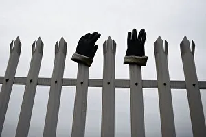 Protective work gloves are seen on railings surrounding the Bombardier plant in Belfast Protective work gloves are seen on railings surrounding the Bombardier plant in Belfast