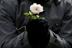 A protester holds a flower during a demonstration to show solidarity with the citizens of A protester holds a flower during a demonstration to show solidarity with the citizens of