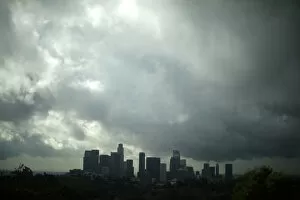 Rain clouds are seen over downtown Los Angeles