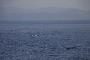 Refugees and migrants are seen onboard eight dinghies as they cross a part of the Aegean Refugees and migrants are seen onboard eight dinghies as they cross a part of the Aegean