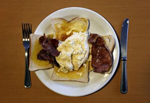 Images Dated 26th September 2013: Scrambled eggs and bacon on toast is seen at a roadside cafe along the A59 near Sawley