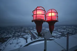 Signal lights are seen on the roof of a residential compound in Moscow Signal lights are seen on the roof of a residential compound in Moscow