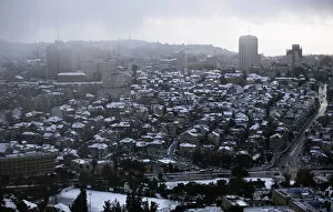 Snow covered rooftops are seen in Jerusalem