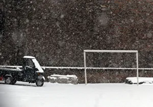 Soccer goalpost is seen during a snowstorm in Milan Soccer goalpost is seen during a snowstorm in Milan