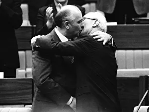Soviet Leader Mikhail Gorbachev kissing East German Leader Erich Honecker Soviet Leader Mikhail Gorbachev kissing East German Leader Erich Honecker