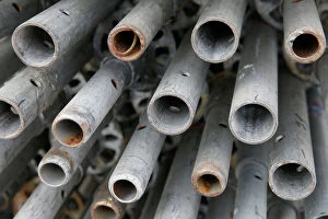 Steel pipes for the construction of a stage are pictured in central Kiev