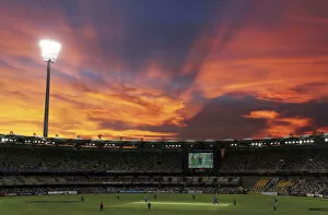 Images Dated 21st February 2012: The sun sets during the Sri Lanka and India one-day international Tri-series in Brisbane