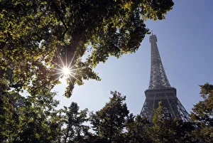 The sun shines through tree leaves near the Eiffel Tower on a warm autumn day in Paris The sun shines through tree leaves near the Eiffel Tower on a warm autumn day in Paris