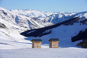 A toilet is seen among mountains covered with snow in Hemu of Altay A toilet is seen among mountains covered with snow in Hemu of Altay