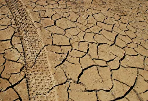 Tracks left by a vehicle remain on the cracked earth of the drought-stricken Entrepenas Tracks left by a vehicle remain on the cracked earth of the drought-stricken Entrepenas