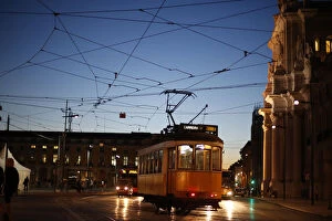 Images Dated 23rd October 2014: A tram arrives at Praca do Comercio square in downtown Lisbon