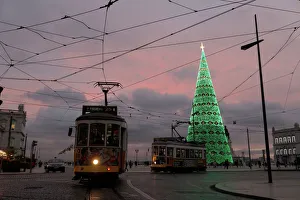 Trams are seen near a Christmas tree at Comercio square in Lisbon Trams are seen near a Christmas tree at Comercio square in Lisbon
