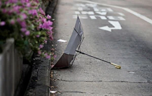 Images Dated 11th August 2019: An umbrella left by anti-extradition bill protesters is pictured in Sham Shui Po