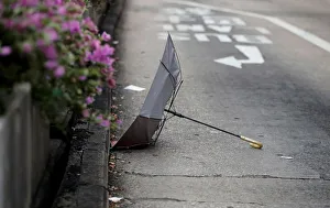 An umbrella left by anti-extradition bill protesters is pictured in Sham Shui Po An umbrella left by anti-extradition bill protesters is pictured in Sham Shui Po