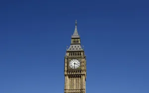 Iconic British Landmarks Prints: Big Ben Clock Tower above the Houses of Parliament is surrounded by blue sky in London