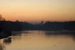 A view of the Houses of Parliament at sunrise from the Serpentine lake in Hyde Park A view of the Houses of Parliament at sunrise from the Serpentine lake in Hyde Park