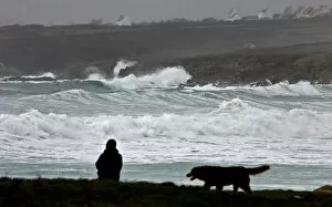 Waves break on the Brittany coast as storm Eleanor approaches Esquibien