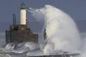 Waves crash against a lighthouse as the wind blows at around 100 kph (62 mph)