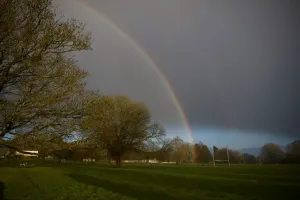 Prints of A double rainbow is seen in a football pitch on the border between County Fermanagh and County Cavan on the border bridge in Belcoo, Northern Ireland, November 30, 2017 County Fermanagh Prints: Double Rainbow Print
