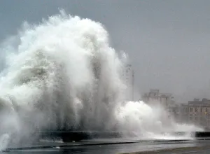 Rita Prints: Print of Waves crashing against El Malecon seafront in Havana