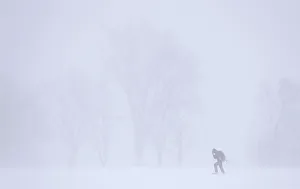 A woman snowshoes on the Plains of Abraham during a snowstorm in Quebec City A woman snowshoes on the Plains of Abraham during a snowstorm in Quebec City