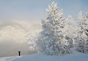 A woman takes pictures on a bank of the Yenisei River covered with snow and hoarfrost A woman takes pictures on a bank of the Yenisei River covered with snow and hoarfrost